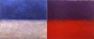 <b>Blau-Rot-Verschiebung / <em>Blue-Red Shifting</em></b><br>2004, Tempera auf eloxiertem Aluminium, je 2 Teile<br><em>tempera on anodized aluminum, 2 pieces</em><br>je/<em>each</em> 125 x 149 cm<br>Photo: Norbert Faehling<br>© VG Bild